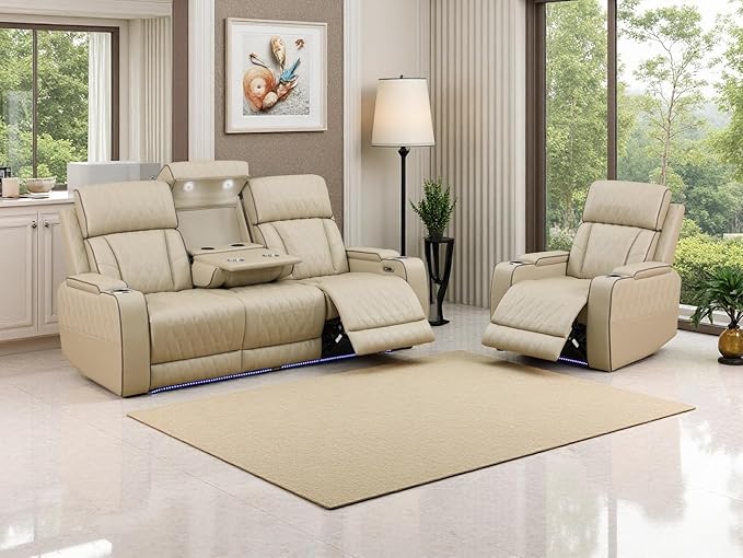 Power Reclining Sofa Set with Cup Holders, 2 Pieces Living Room Furniture Sets, Beige Breathing Power Recliner Sofa&Chair with LED Lights, Storage Console, Drop-Down Table, 4 Recliner Seats