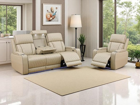Power Reclining Sofa Set with Cup Holders, 2 Pieces Living Room Furniture Sets, Beige Breathing Power Recliner Sofa&Chair with LED Lights, Storage Console, Drop-Down Table, 4 Recliner Seats