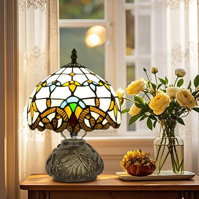 Small Tiffany Table Lamp,Stained Glass Lamp,8 Inch Mushroom Style Mini Vintage Desk Lights for Bedside, Bedroom,Nightstand,Living Room,3 Color Temperature (Baroque)