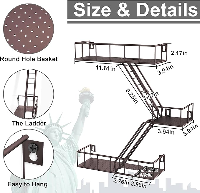 Fire Escape Wall Shelf with Baskets, 3-Tier Metal Fire Escape Ladder Shelf Wall Organizer, New York Inspired Decorative Shelf, Brown Floating Action Figurine Display Shelves for Bedroom, Home Décor
