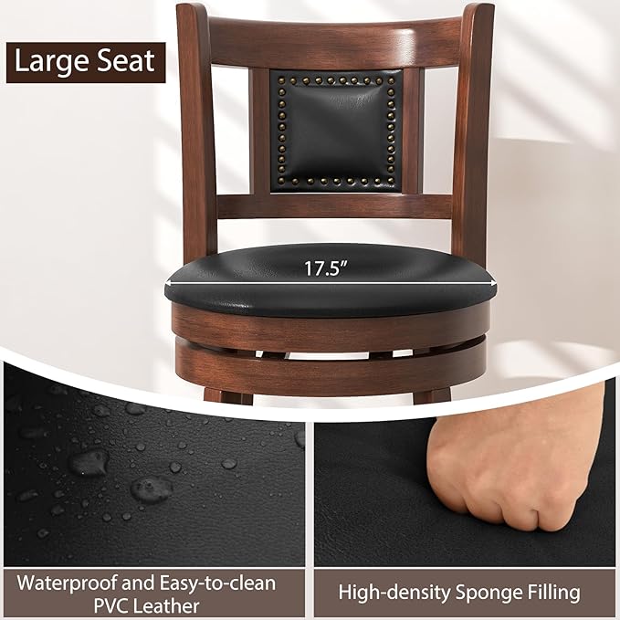 GOFLAME 30.5” Upholstered Bar Stools Set of 2, Swivel Bar Height Stools with Curved Backrest & Footrest, Solid Rubber Wood Barstools for Kitchen Island, Bar Counter, Cafe, Dining Room