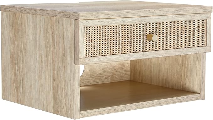 Nathan James Jackson Wall Mounted Rattan Floating Bedroom Nightstand with Storage Drawer and Modern Open Shelf Cubby, Light Oak/Rattan, Set of 2