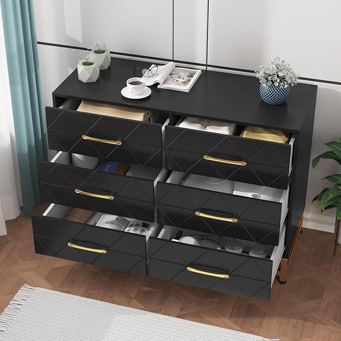 GarveeHome Black Dresser for Bedroom with 6 Drawers, Wood Chest of Drawers, TV Stand, Morden Dresser for Closet, Living Room, Hallway, Nursery