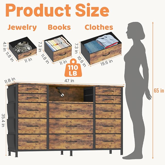 HCHQHS Dresser for Bedroom with 13 Drawers, 47 Inch Fabric Dresser with Remote Control Lights, Side Pockets & Hooks for Closet or Large TV Stand (Rustic Brown)