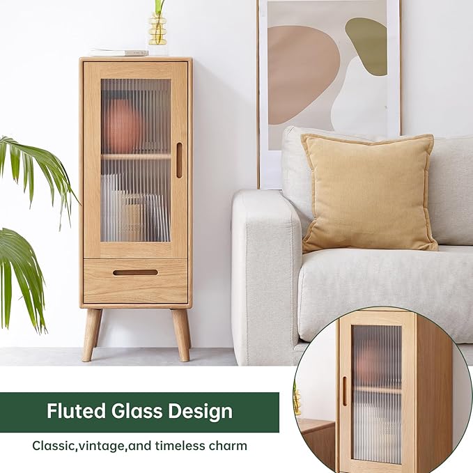 100% Solid Wood Living Room Cabinet, Narrow Storage Cabinet with Doors and Shelves, Kitchen Pantry Storage Cabinet for Kitchen, Home Office(12.6" D x 14.9" W x 39.3" H, Natural)