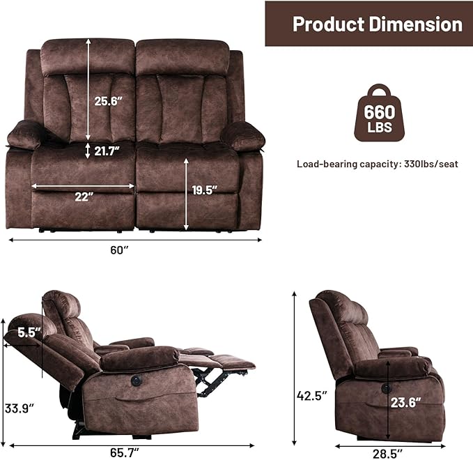 Power Reclining Loveseat with Massage & Heat, Loveseat Recliner Sofa with Cup Holders, Electric RV Sofa with USB/Type C/Side Pocket, Wall Hugger Recliner Loveseat for Living Room