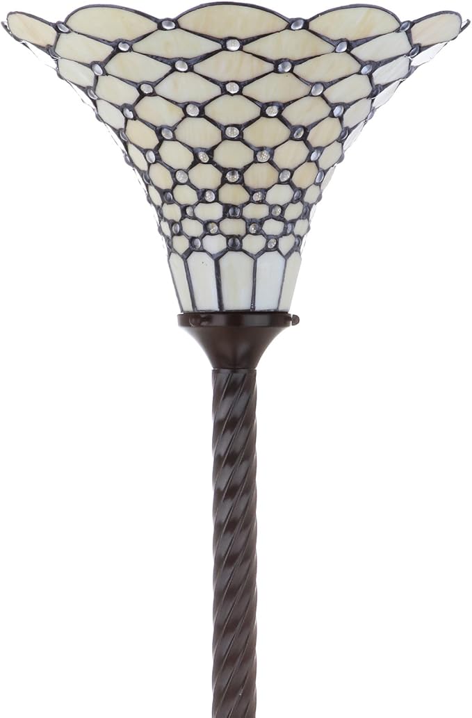 JONATHAN Y 70" Bronze Tiffany-Style Torchiere LED Floor Lamp, Traditional Handcrafted Cream Stained Glass Bowl Shade Standing Lamp for Living Room, LED Bulb Included JYL8007A