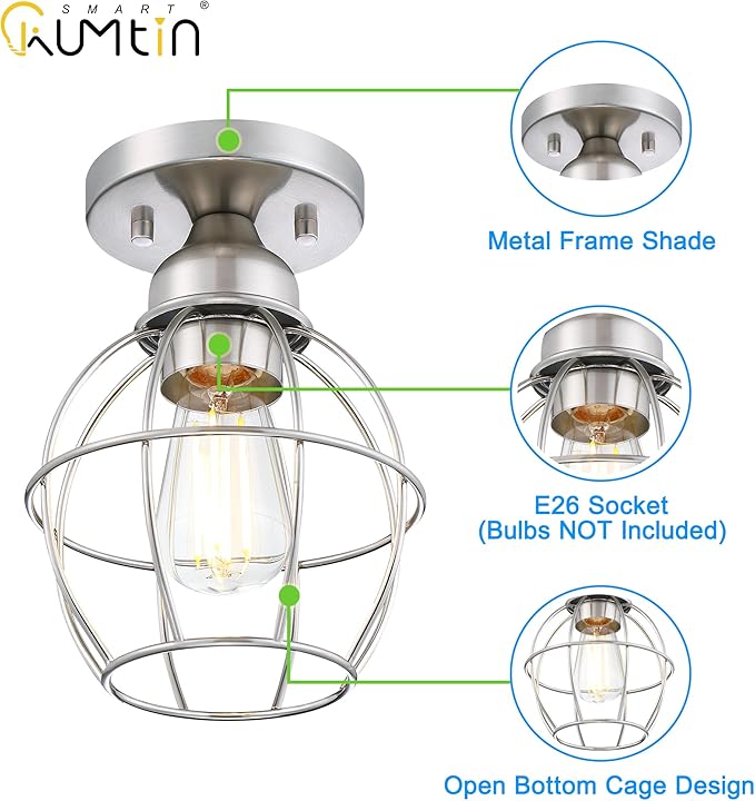 Farmhouse Ceiling Light Fixture, Vintage Semi Flush Mount Ceiling Light, Small Metal Cage Lighting Lamp for Hallway Entryway Kitchen Porch, Nickel Finish, 1-Pack
