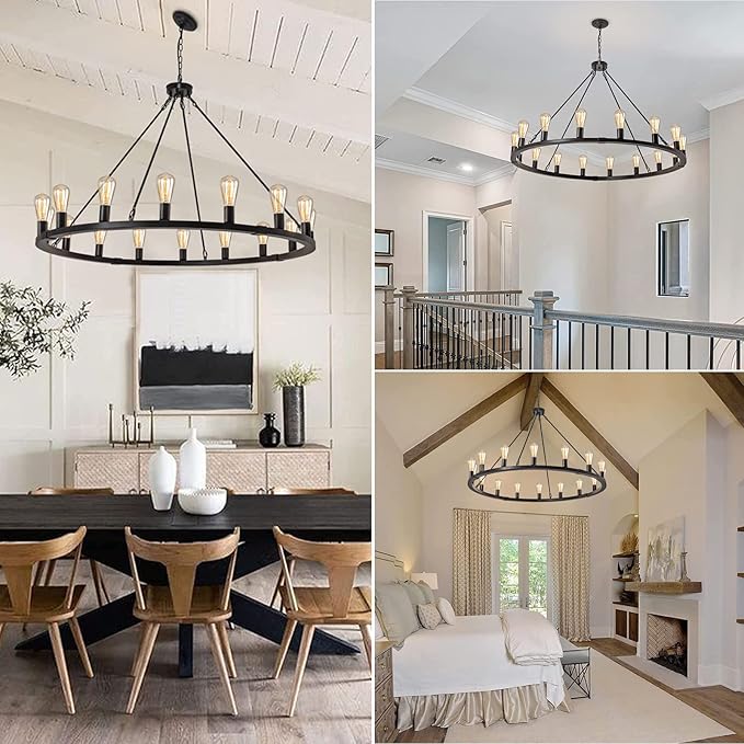 16-Light 48" Large Wagon Wheel Chandelier,Farmhouse Chandelier, Rustic Vintage Black Round Pendant Light Fixtures for Kitchen Island Dining Living Room Foyer Entryway