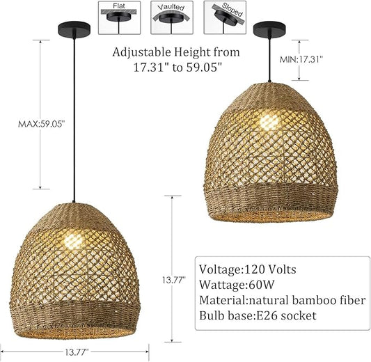 Rattan Pendant Light 13.77" Rustic Hand-Woven Wicker Hanging Light 1-Light Water Plants Rattan Chandelier for Dining Living Bedroom Kitchen Farmhouse