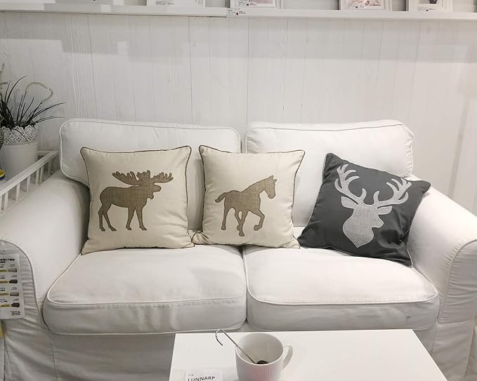Embroidered Throw Pillow Covers Moose Pattren 18x18 Inches for Living Room Cotton Cushions Covers (Khaki)