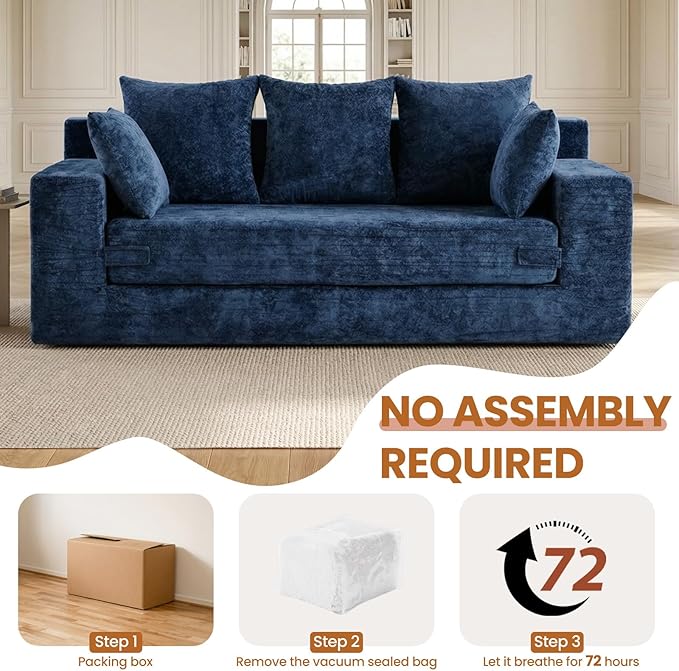 Convertible Sofa Bed, 5 in 1 Small Boneless Couch Pull Out Loveseat Sleeper Sofa,Corduroy Futon Couch Folding Mattress with 4 Pillows for Living Room Bedroom Lounge (Blue, 3 Seater)
