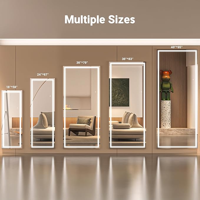 79" x 32" Full Length Mirror with Lights, Large LED Lighted Floor Standing Body Mirror, Dimmable & 3 Color Lighting for Bedroom, Cloakroom, Dressing Room, Tempered Glass, White Frame