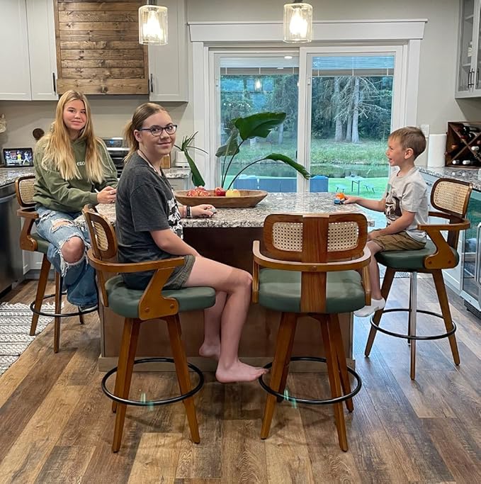 Swivel Bar Stools Set of 3 - 30 inch Mid Century Bar Stools with Walnut Craftsmanship, Curved Rattan Back, Upholstered Seat, Bar Height BarStools for Kitchen/Pub/Island/Cafe (30" Seat Height, Black)