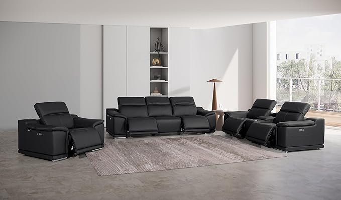 Blackjack Furniture Venice Top Grain Italian Leather Recliner 7 Seater 5 Power Reclining 3 Piece Sofa Set with Adjustable Headrests Modern Seating Sofa, Loveseat and Chair for Living Room , Black