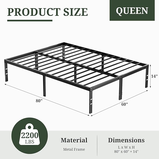 Queen Size Bed Frame, 14 Inch Metal Platform Bed Frames with Heavy Duty Steel Slat Support, No Box Spring Needed, Easy Assembly, Under Bed Storage