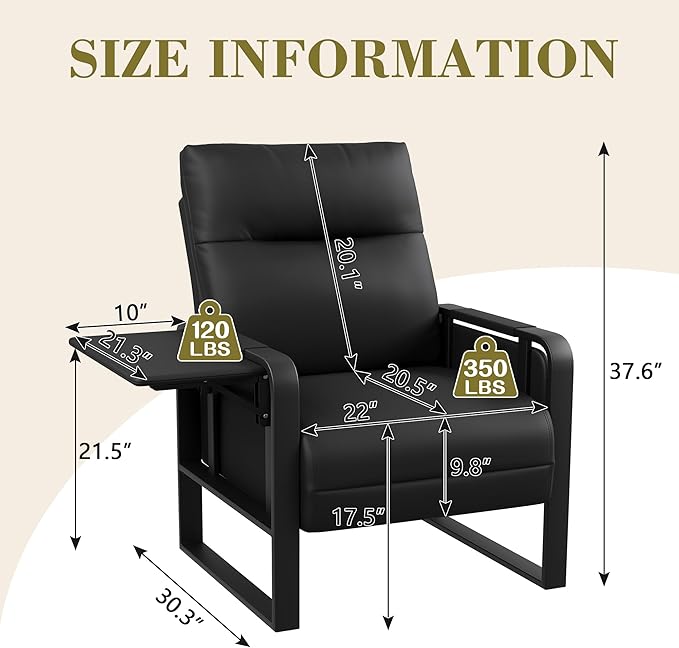 Modern Black Accent Chair PU Leather Upholstered Armchair with Foldable Side Table for Bedroom Living Room Chairs Office Chair