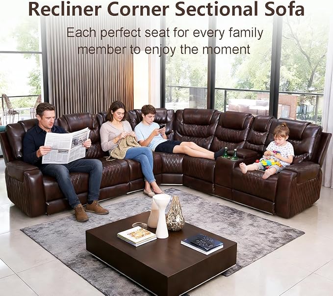 Power Recliner Sectional Sofa with LED Light for Living Room, Dark Brown Leather Reclining Sofa Corner Sectional Couches Set, Cup Holder, Storage Console for Home Theater Seating