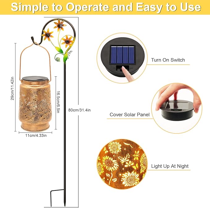 Sunflower Solar Lanterns Outdoor Waterproof, Gifts for Women Mom Grandma Birthday, Metal Hanging Lantern Solar Lights LED Decoration with Shepherd Hook Outside for Yard, Patio, Porch, Garden Decor