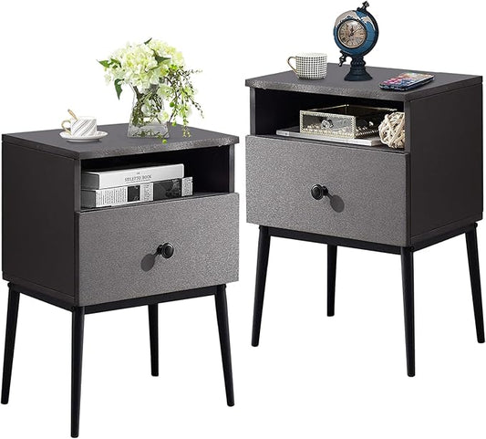 VECELO Night Stand for Bedroom Set of 2,Modern Solid Wood Nightstand with Storage Shelf and Drawer, Bedside Table End Table for Living Room,Bedroom,Entryway,Easy Assembly,Gray