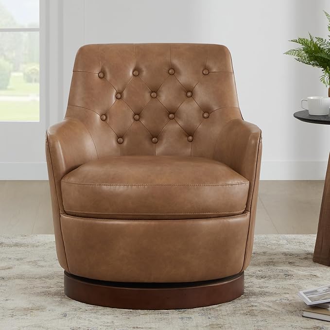 Watson & Whitely Swivel Barrel Accent Chair, Tufted Upholstered Arm Chair for Living Room and Bedroom, Faux Leather in Cognac Brown