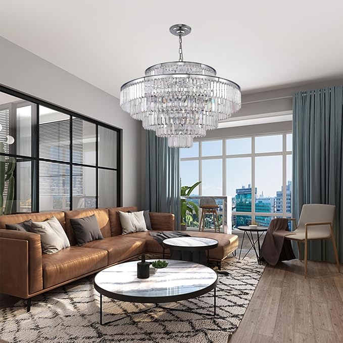 Crystal Chandelier Chrome Modern Luxury Pendant 7-Tier 31" Ceiling Lights Fixture for Dining Room, Living Room, Foyer