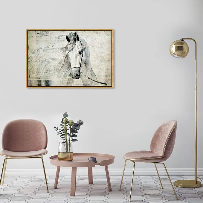 Country Farmhouse Canvas Print Painting Animal Wall Art 'Southern White Horse' Gold Framed Canvas Rustic Home Décor 36x24 in Gray, Brown by Oliver Gal