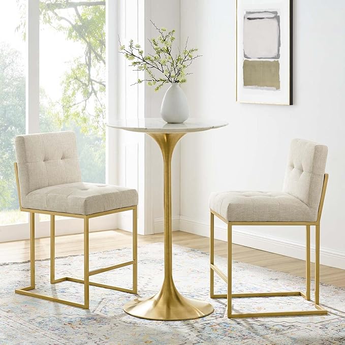 Modway Privy Stainless Steel Upholstered Fabric Counter Stool Set of 2, Gold Beige