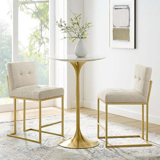 Modway Privy Stainless Steel Upholstered Fabric Counter Stool Set of 2, Gold Beige