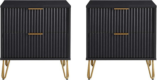 Manhattan Comfort Dumbo Modern Nightstand 2.0 with 2 Metal Feet | Splayed Gold Legs | Vertical Ribbed Design | No Tool Assembly Storage for Bedroom, Set of 2, Black