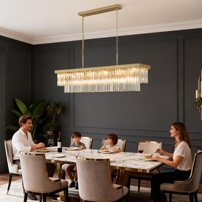 Crystal Chandeliers for Dining Room Light Fixtures Over Table，18-Lights Gold Modern Rectangle Chandeliers for Kitchen Island Bar L46 Inch