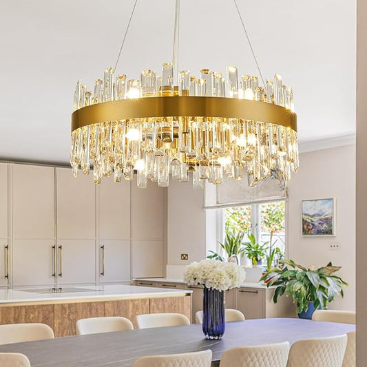 Siljoy Modern Crystal Chandelier, 12-Light Brushed Gold Round K9 Crystal Raindrop Chandelier, Luxury Dimmable Pendant Ceiling Light for Dining Room Living Room Kitchen Island Entryway Foyer, D23.6''