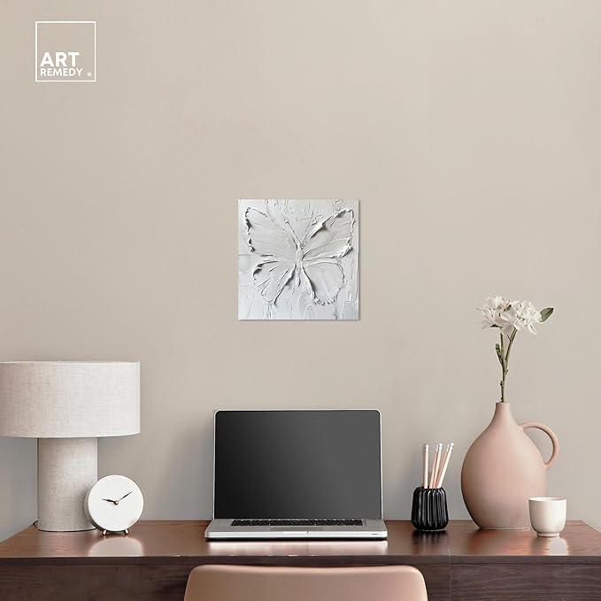 Art Remedy White Butterfly Canvas Elegant White Gold Wall Art, Gallery Wrapped, 12" x 12"