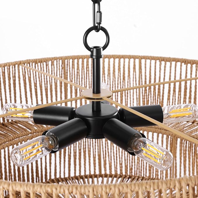 LamQee 22 Inch Farmhouse Rattan Chandeliers, 5 Lights Boho Chandelier Light Fixture with Hand Woven Wicker Shade, Large Rattan Pendant Lights Ceiling Hanging Lighting for Dining Room Kitchen Island