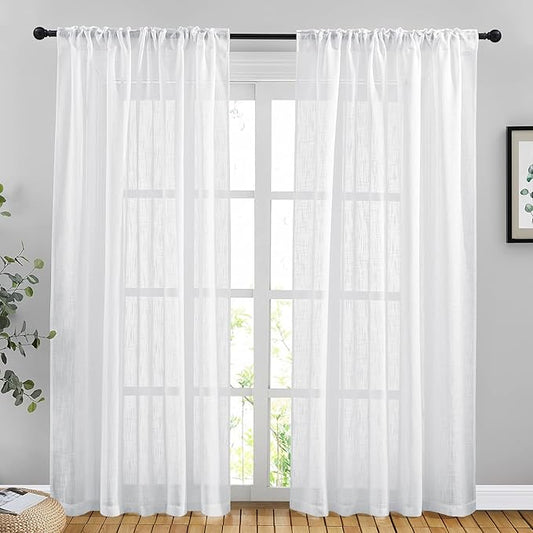 NICETOWN Semi Sheer Curtains 84 inches Length, Rod Pocket & Back Tab Linen Sheer Curtains Window Treatments Privacy with Light Filter for Farmhouse/Home Office, White, 132" Wide Total 2 Pieces