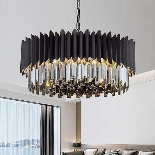Black Crystal Chandelier 23.62'' K9 Smoke Crystal Round Pendant Lights 8 Lights 5-Tier Large Modern Chandelier for Dining Room Living Room Bedroom Foyer Entryway