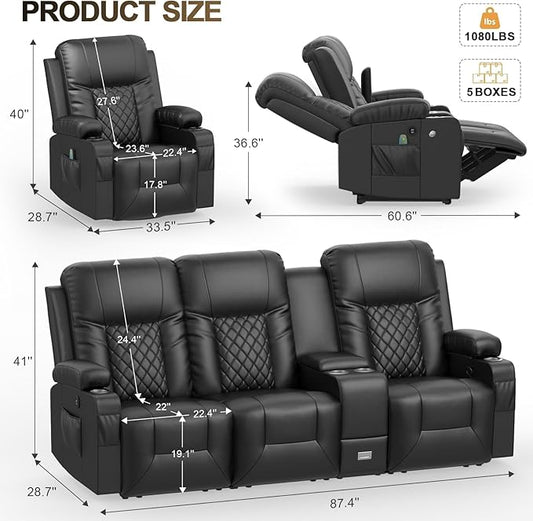 YONISEE Modern Recliner Sofa Set - 3 Seat Sofa & 1PC Swivel Recliner Chairs with Heat & Massage for Living Room (3+1)