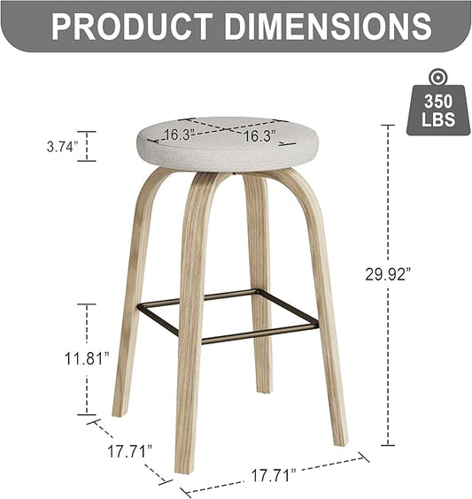 Bar Stools Set of 2, Counter Height Backless Bar Stools, 30" Swivel Barstools Kitchen Chair with Upholstered Fabric Seat, Beige