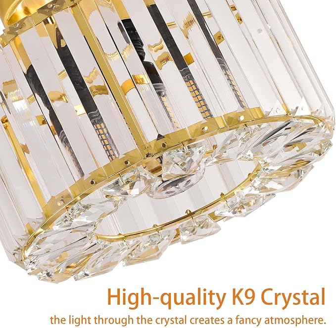 FRIDEKO HOME Crystal Ceiling Light - Gold Small Chandelier Semi Flush Mount Ceiling Light Fixture Modern Lights for Hallway Bathroom Kitchen Entryway (9.05 Inch, Bulb not Included)