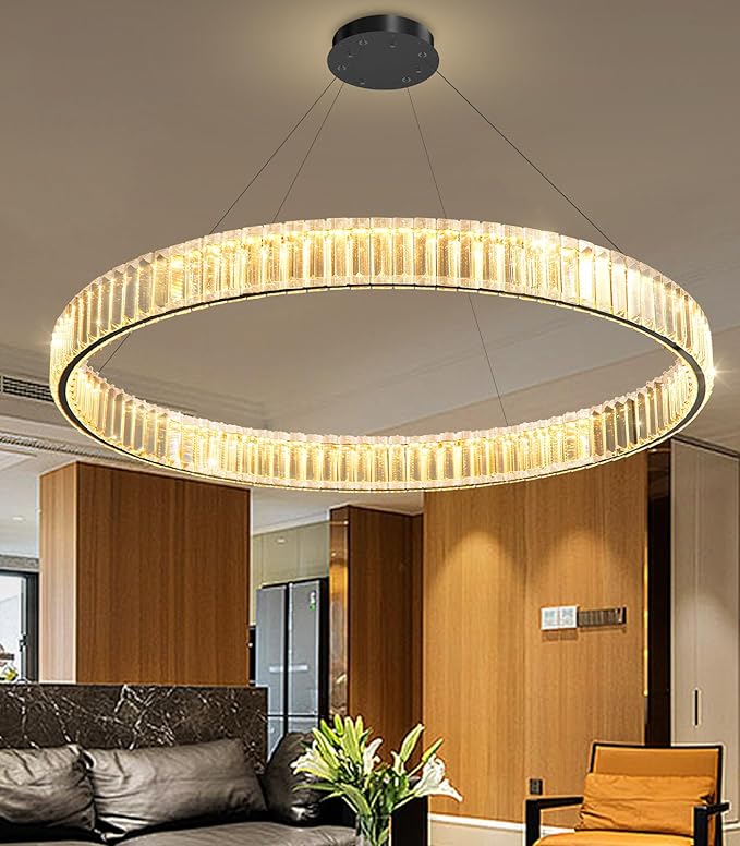 32'' Modern Ring Chandelier Crystal Chandeliers for Dining Room Round LED Dimmable Ceiling Light Fixture for Living Room Bedroom Lighting Black