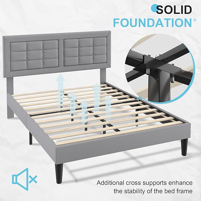 VECELO Queen Size Bed Frame with Adjustable Headboard, Upholstered Button Tufted Platform Bedframe with Wood Slats Support, No Box Spring Needed, Linen & Light Grey