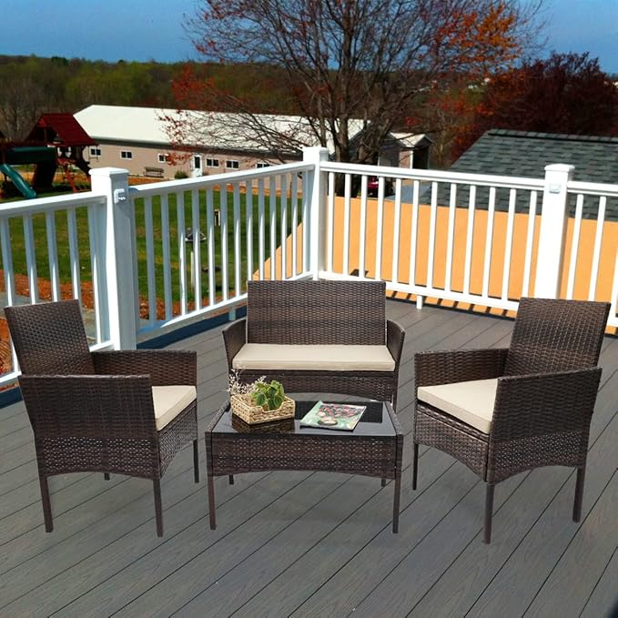 Zanzio Patio Furniture Set, 4 Pieces Porch Backyard Garden Outdoor Furniture Rattan Chairs and Table Wicker Conversation Set with Beige Cushions, Black-Brown
