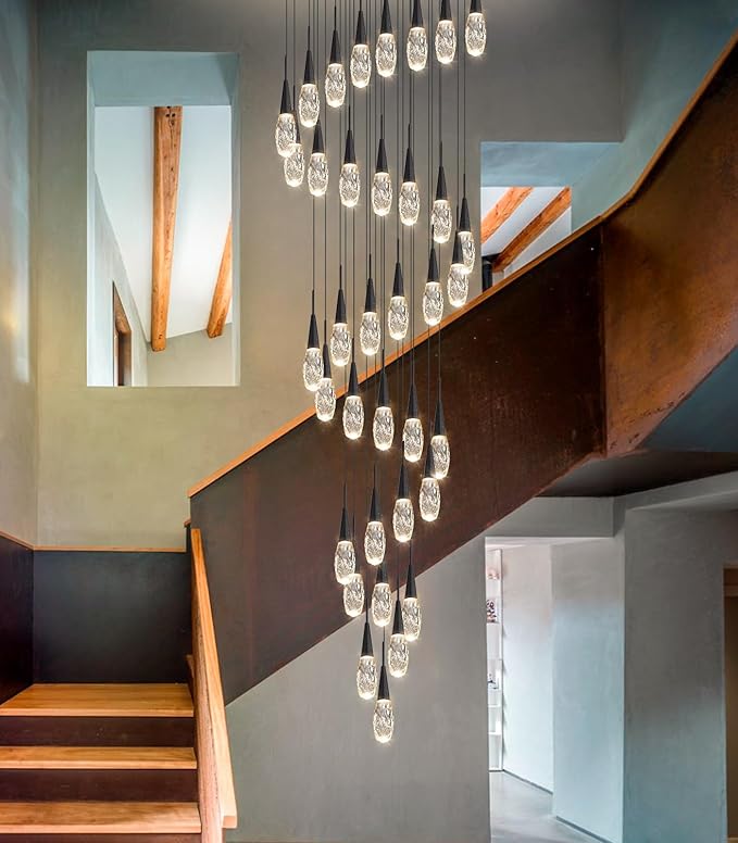 36-Lights 197 Inches Large Modern Chandelier LED Light Fixtures High Ceiling Long Light Chandelier for Entrance Foyer Dimmable Lights with Remote Living Room Ceiling Pendant Lighting Black