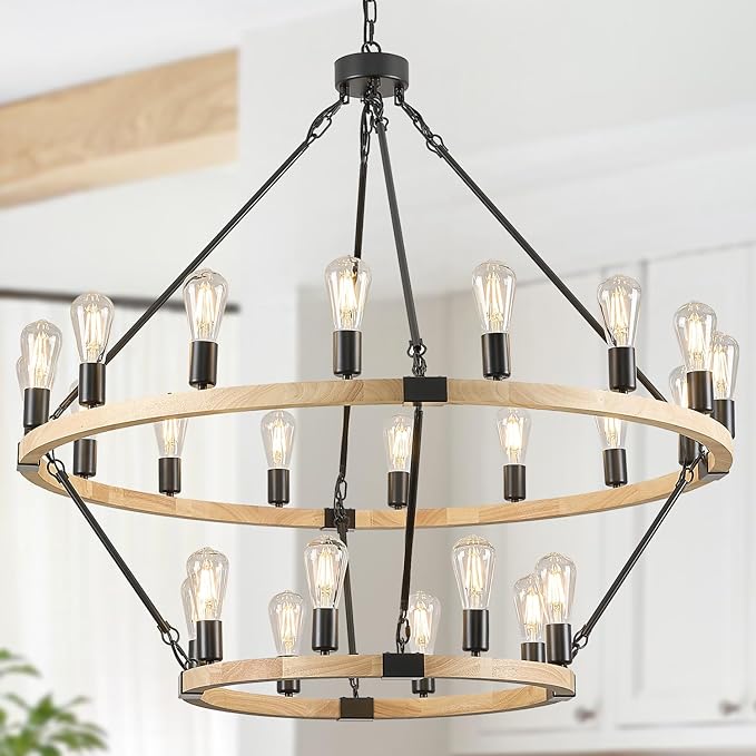 24-Light 2 Tiers Farmhouse Wooden Wagon Wheel Chandelier, 43.3'' Black Metal Round Chandeliers 2-Story Natural Rustic Light Fixtures for High Ceiling Living Dining Room Foyer Villa