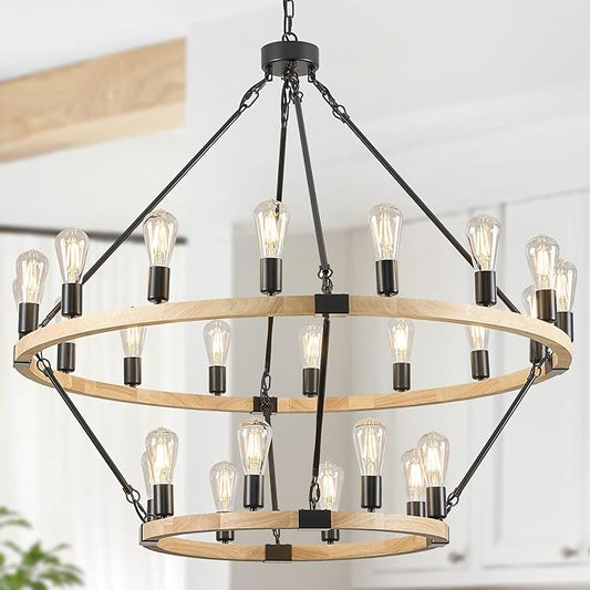24-Light 2 Tiers Farmhouse Wooden Wagon Wheel Chandelier, 43.3'' Black Metal Round Chandeliers 2-Story Natural Rustic Light Fixtures for High Ceiling Living Dining Room Foyer Villa