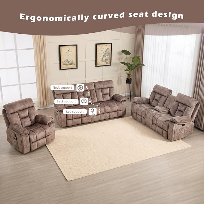 CANMOV Reclining Sofa Set, 3 Pieces Recliner Sofa Set, Power Lift Recliner Chair, Reclining Loveseat and 3-Seat Sofa for Living Room, Camel-Brown