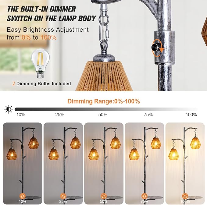 Hsyile Arc Floor Lamp with Cage Shade,Rattan&Fabric Boho Floor Lamps for Living Room Bedroom,Silver Gray Industrial Dimmable Floor Light,Farmhouse Rustic Tall Lamp for Office Reading