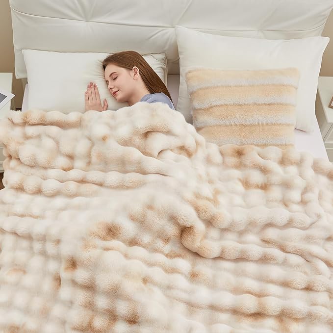 Faux Fur Throw Blanket, 1000GSM Fluffy Soft Bubble Blanket for Couch Bed, Cozy Plush Warm and Thick Blanket, Fuzzy Rabbit Throw for Living Room Bedroom 90''*104'' Tie-dye Camel