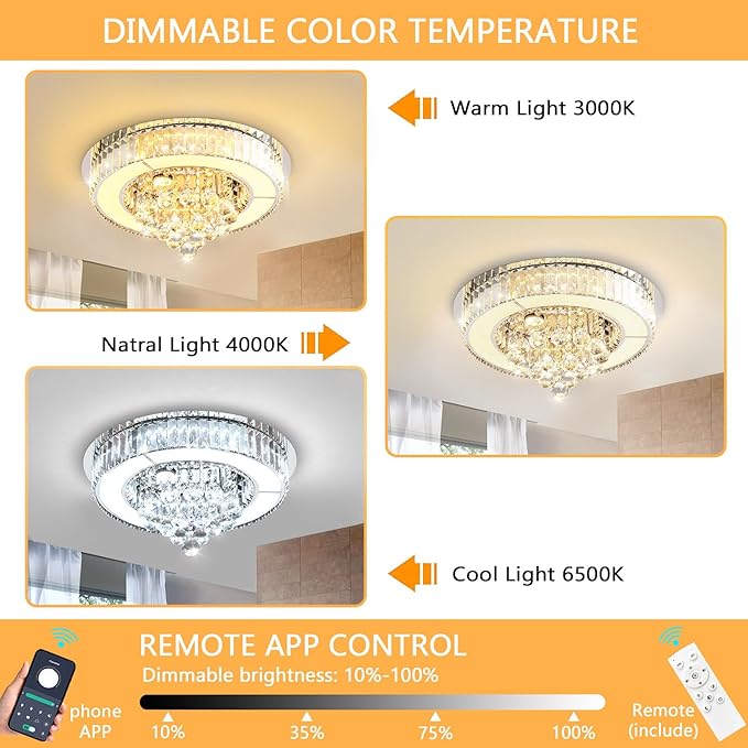 19.6'' Silver Modern Crystal Chandeliers for Dining Room LED Dimmable Light Fixtures Flush Mount Light Living Room Bedrooms