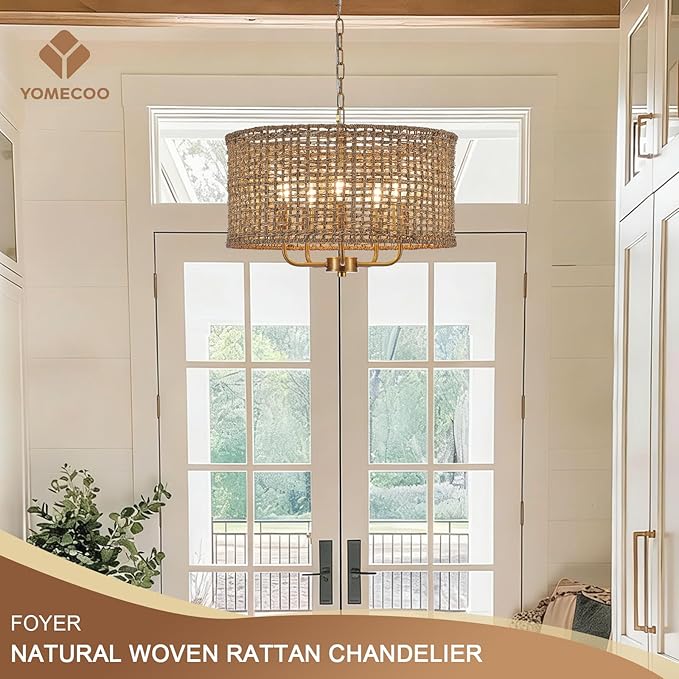 Boho Hand-Woven Rattan Chandelier Vintage Farmhouse Bamboo Golden Chandelier Modern 5-Lights Drum Wicker Gold Chandeliers for Dining Room, Kitchen, Living Room, Entryway, Bedroom, E12